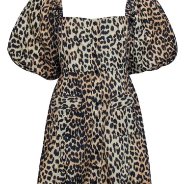 Ganni - Beige & Black Leopard Print Balloon Sleeve Dress Sz 8