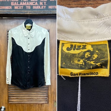Vintage 1970’s “Jizz” San Francisco Glam Rock Black x White Floral Mod Western Rockstar Shirt, 70’s Vintage Clothing 