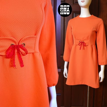 Fabulous Vintage 60s 70s Tangerine Orange Dolly Dress with Waist Tie 