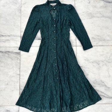 Vintage Marnie West Dress Midi Green Lace Long Sleeve Sheer Womens 12 Renaissance Bridgerton 