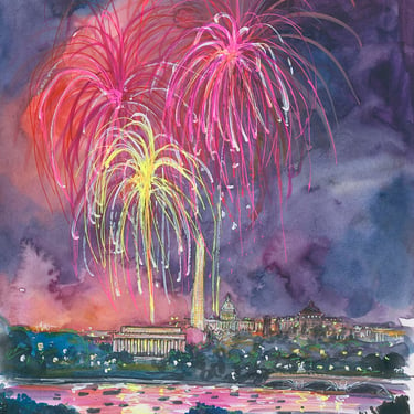 Original Fireworks and Washington D.C. Skyline Mixed Media Art by Cris Clapp Logan 