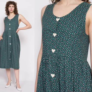 70s Green Calico Floral Heart Button Pinafore - Medium | Vintage Boho Sleeveless Button Up Dirndl Folk Dress 
