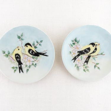 Vintage Set of 2 Bavaria Small Bird Plates, Goldfinch Birds on Flowering Braches, Porcelain Wall Plate Decor, made in Germany 