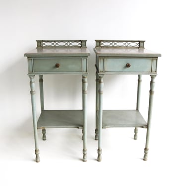 Pair Vintage French Provincial Hand Painted Nightstands Original Old Green Paint Distressed Tall Bedside Tables Side Tables End Tables 1960 