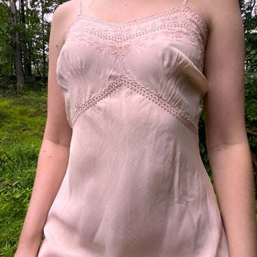 1930's Peachy Pink Spaghetti Strap Slip with Embroidery