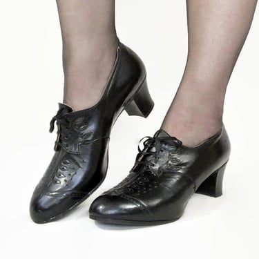VINTAGE 30s Black Leather Oxford High Heel Shoes | 1930s Lace Up Pumps | size 9 By Feather Step 