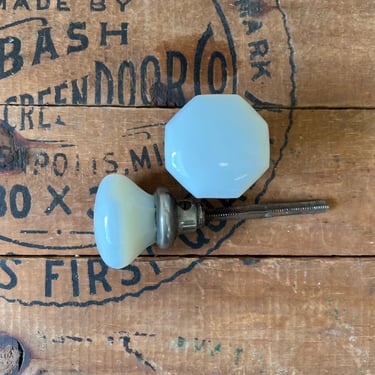 Pair of Antique Octagonal Milkglass & Brass Door Knobs 