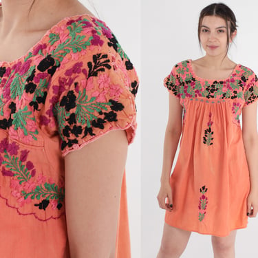 Oaxacan Dress 70s Mexican Floral Embroidered Mini Dress Orange Peasant Puebla Dress Tent Tunic Hippie Summer Cotton Vintage 1970s Small S 