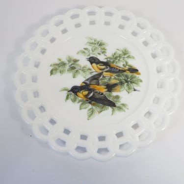 Vintage Milk Glass Handpainted Baltimore Oriole Bird Plate - Decorative Bird Milk Glass Plate 