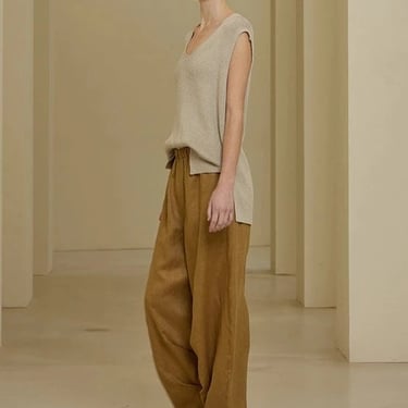 Grade & Gather - Pleated Inseam Linen Pants - Brown Olive