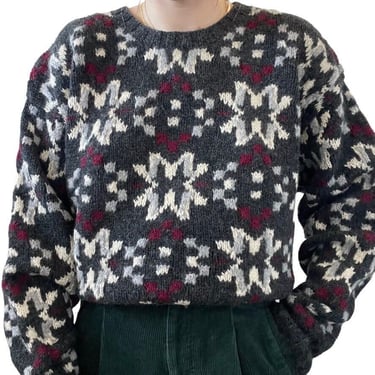 Vintage 1990s Embassy Row Hand Knit Snowflake Wool Chunky Overszied Sweater Sz L 