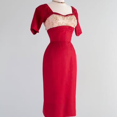 Vintage 1950's Don Loper Cherry Red Silk Cocktail Dress With Illusion Bust / Medium