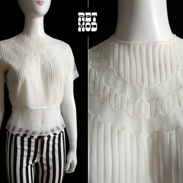 SO PRETTY & DAINTY Ethereal Vintage 40s 50s Off-White Nylon Blouse with Pintucks and Sheer Sleeves and Peplum 