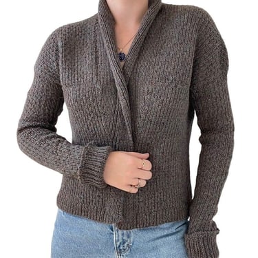 Hand Knit Womens 100% Wool Brown Fisherman Ribbed Soft Cardigan Sz M 