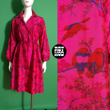 Absolutely Beautiful Vintage 60s 70s BRIGHT Pink Bird on Branches Patterned Silk Shift Dress 