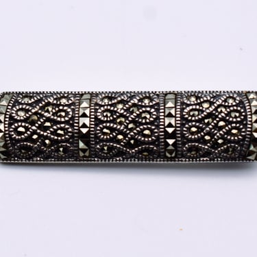 80's Judith Jack sterling marcasite bar brooch, textured Art Deco style JJ 925 silver pyrite pin 