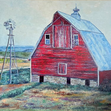 Vintage Acrylic Barn Painting on Panel