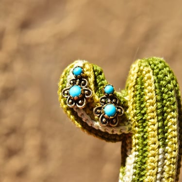 Vintage 14K Gold 2-Stone Turquoise Flower Studs, Dainty Yellow Gold Earrings W/ Blue Turquoise Accents, 585 Accessories, 14mm 