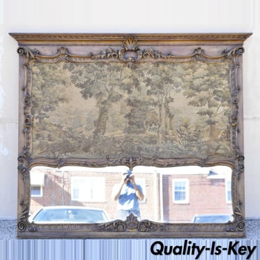 Antique French Louis XV Style Large Overmantle Trumeau Mirror with Tapestry