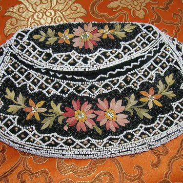 Vintage 1920's French Beaded Tambour Dance Purse Black Silk Floral Embroidery Micro Hand Beading Wristlet Handle Exquisite Womens Accessory 