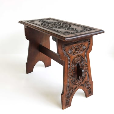 Hand crafted Antique Arts & Crafts Small Side Table Stool Bench Dutch Provincial Chip Carved Kerfsnede Frisian Wood Carved Coffee Table 1900 