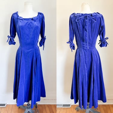 Vintage 1950s Sapphire Blue Velvet Party Dress / XS 