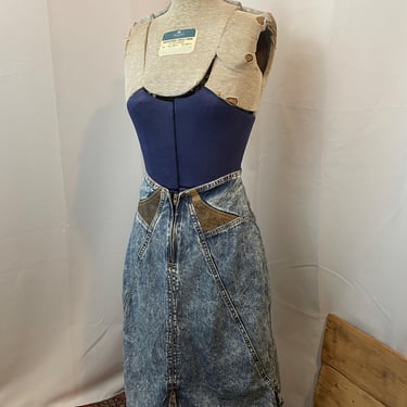 Acid Wash Denim and Leather Mini Skirt 1980s Vintage Grunge Geometric S 