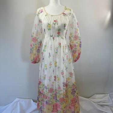 1970s House of Bianchi Cream Floral Dress 