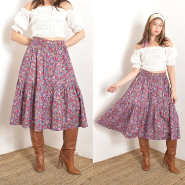Vintage 1980s Skirt / 80s Floral Print Cotton Peasant Skirt / Purple Pink ( medium M ) 
