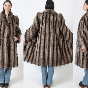 Raccoon Swirl Sleeve Fur Coat, Mountain Man Fur Jacket, Vintage 80s Unisex Overcoat, Swirl Bell Sleeve 