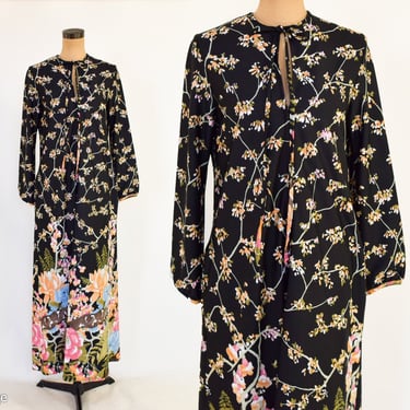 1970s Black Print Maxi Dress | 70s Black Floral Caftan | Black Print Housedress | Loungees | Medium 