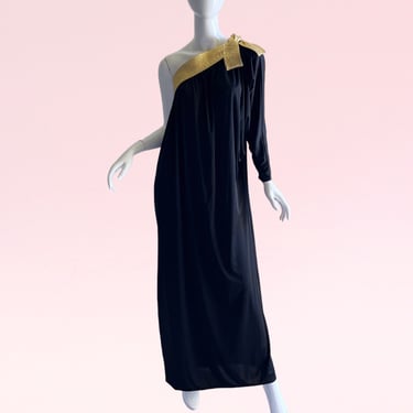 1970s Vintage Bill Tice Gold Lame Jersey One Shoulder Caftan Dress, Grecian Draped Disco Gown OS 