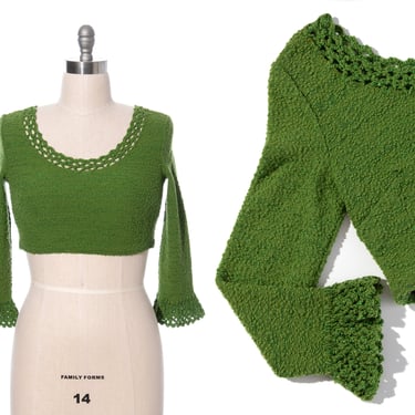 Vintage 1970s Crop Top | 70s Metallic Lurex Olive Green Knit Crochet Acrylic Cropped Sweater Top (medium) 
