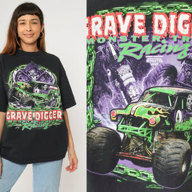 Grave Digger Monster Truck Shirt Graphic Racing Tee Grim Reaper T-Shirt Black Tshirt Short Sleeve Skeleton Retro Extra Large xl 