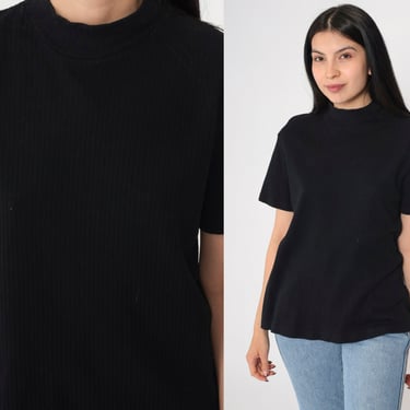 Vintage Black Ribbed Mock Neck T-Shirt 90s Short Sleeve Plain Basic Normcore Casual Top Medium 