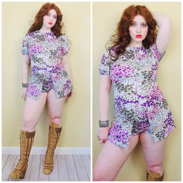 1960s Vintage Purple and White Floral Sizzler Set / 60s Micro Mini Dress and Matching Shorts Puffed Sleeves / Large 