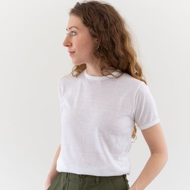 Vintage White Semi Sheer Cotton Crew Neck T Shirt | Cotton Blend Banded Edges Tee | XS S | 
