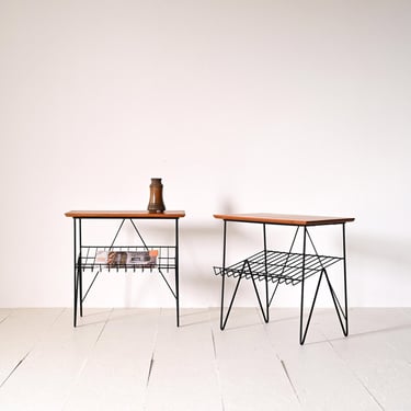 Pair of Vintage Scandinavian Wood and Metal Side Tables 