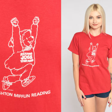 Reading T-Shirt 80s Houghton Mifflin Shirt Jogs Your Mind Graphic Tee Read Books Retro Single Stitch Red Vintage 1980s Screen Stars Small S 