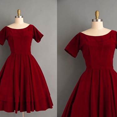 vintage 1950s Dress | Bullocks Wilshire Red Wine Velvet Holiday Party Dress | Medium 