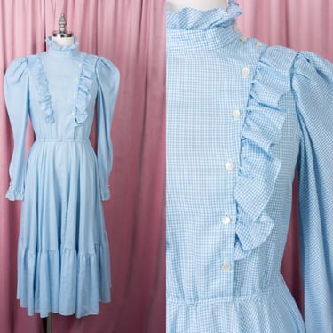 Vintage 70s Kono New York Blue / White Gingham Prairie Dress with Puff Sleeves, Asymmetrical Ruffled Button-Front and High Neck 