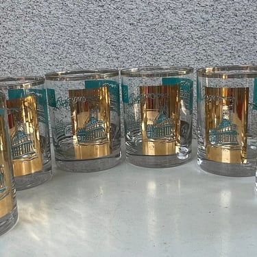 Vintage MCM Rock Glasses Set 6 Steamboat riverboat Theme Aqua Gold by Libbey Glass Co 