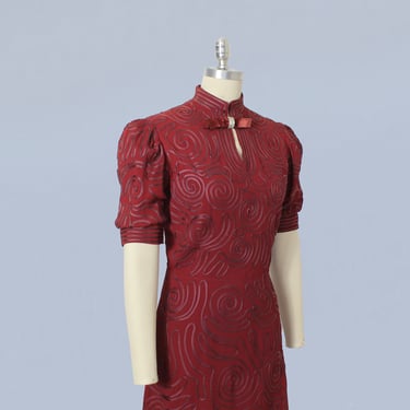 1930s Dress / Late 30s Early 40s Red Soutache Crepe Dress  / Puff Sleeve 