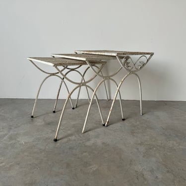 70's Mid-Century  Salterini Style  Wrought Iron Nesting Patio Side Tables - Set Of 3 