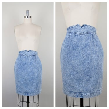 Vintage 1980s acid washed denim pencil skirt, high waist, medium 