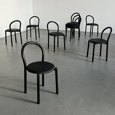 Minimalist Postmodern Stackable Dining Chairs, in Black Metal and Polyurethane with Dark Gray Seats, Sculptural Design, 1970s Italy 