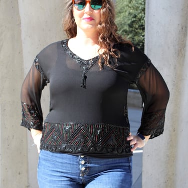 Black Chiffon Blouse, Vintage Jerri Sherman, Black Beaded Evening Top, Large Women 