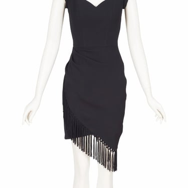 Thierry Mugler 1990s Vintage Black Crepe Draped Fringe Cocktail Mini Dress Sz XS 