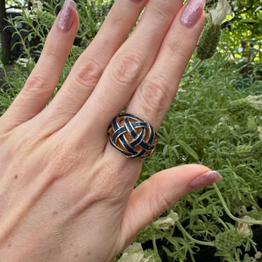 80s Blue Enamel Woven Gold Plate Ring Size 6.5