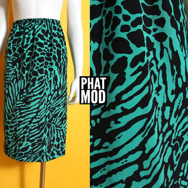 Sexy Vintage 80s 90s Green Black Animal Print Mid-Length Skirt 